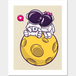 Cute Couple Astronaut Sitting On Moon Cartoon Posters and Art